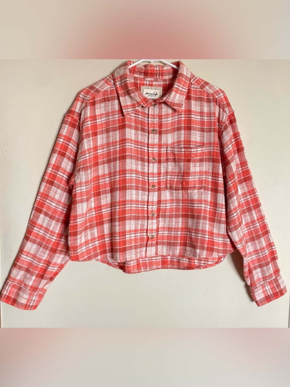 American Eagle Orange Long Sleeve Plaid Cropped Button Down Flannel Shirt